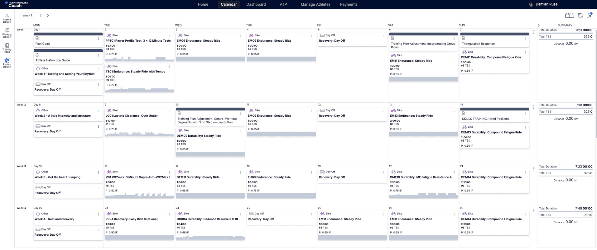 A 12-week SEMIPRO plan inside TrainingPeaks — full calendar view of weekly sessions.