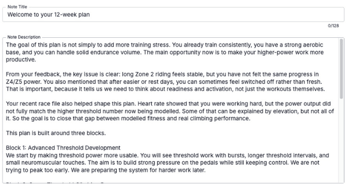 A real SEMIPRO plan note — written diagnosis explaining the strategic read behind the training.