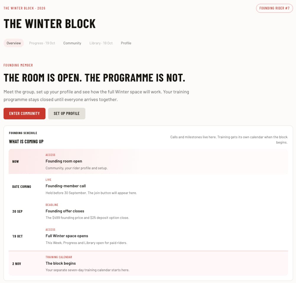 The Winter Block founding-member overview and opening schedule in SEMIPRO Coach.